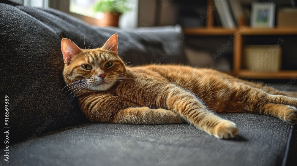 Poster A high-resolution image of a chubby cat lounging on a plush sofa, showing its relaxed posture and the comfort of the living space.