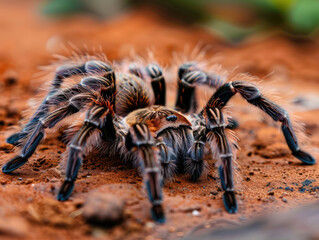 A tarantula spider is shown in close-up, showcasing its colorful body and hairy legs. It's positioned on a reddish, textured ground.