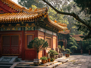A traditional Chinese temple building with an intricately decorated roof and a serene courtyard featuring potted plants and a stone pathway.