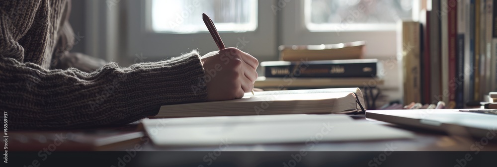 Aufkleber In a study area with books, a hand writes in a notebook, creating a calm space for learning and creativity. It reflects a tranquil environment for studying and intellectual pursuits