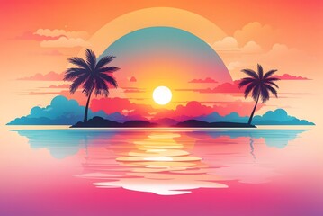 Ocean landscape with coconut trees in silhouette against sunset nature background
