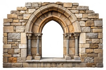 Ancient stone window with medieval arch, ornate entrance, and weathered stonework, isolated on a white background for mockup use.