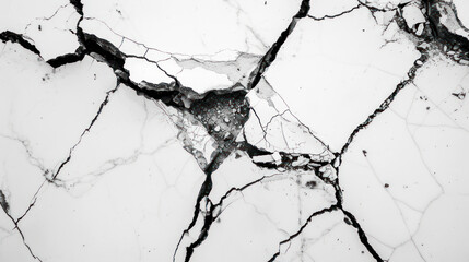 A close-up image of a cracked and weathered white surface revealing intricate patterns of broken lines and textures.