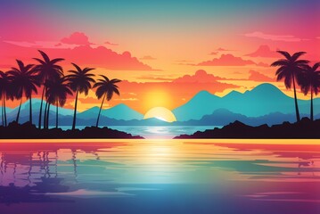 Ocean landscape with coconut trees in silhouette against sunset nature background
