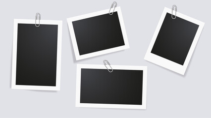 Blank photo frame set with paper clipp. Mockup empty place for your text or photo. Realistic detailed photo icon design template with shadow effect . Modern blank picture frame artwork. Vector design