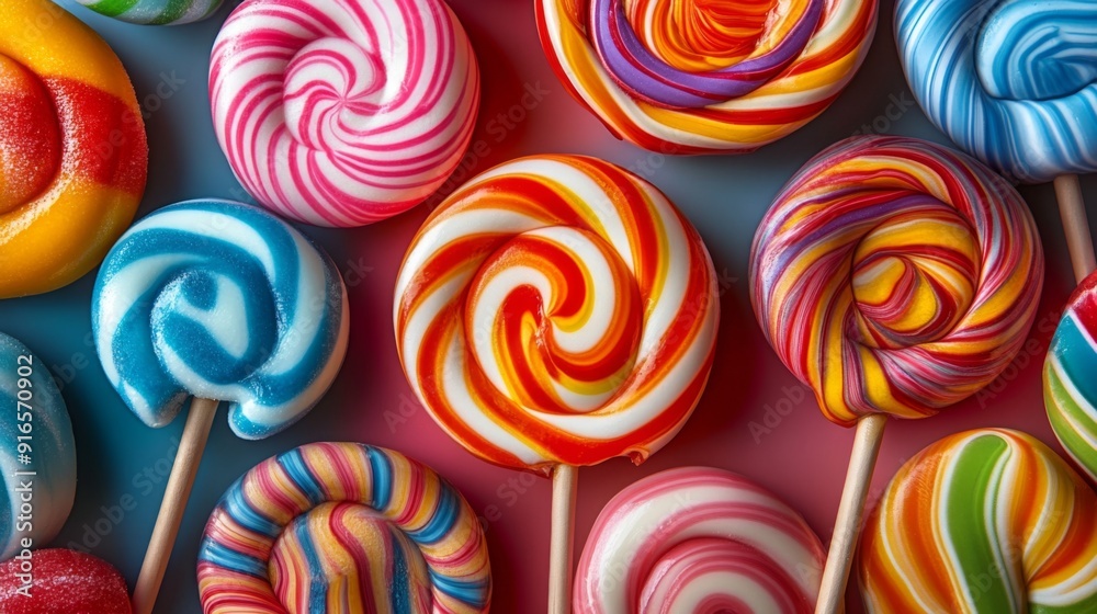 Aufkleber A high-resolution image of assorted lollipops with swirled, multicolored designs, arranged neatly to highlight their vivid patterns.