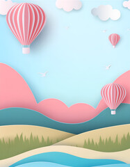 Colorful hot air balloons float above stylized mountains and valleys on a sunny day with clouds in a blue sky