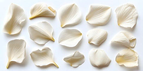 Collection of white flower petals isolated on a white background
