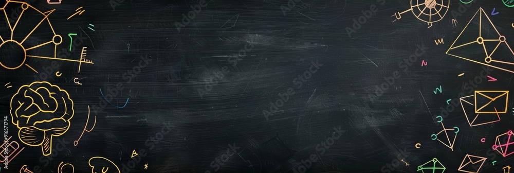 Poster a chalkboard covered with doodles related to education, including symbols, shapes, and scientific co