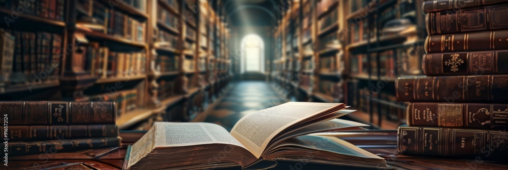 Poster immerse yourself in the warm ambiance of a vintage library adorned with open books. embrace tranquil
