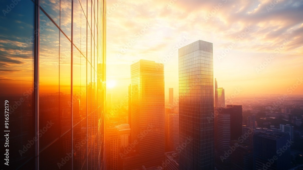 Poster A high-resolution photo of modern high-rises with the sun setting in the background, creating a warm, golden atmosphere over the city.