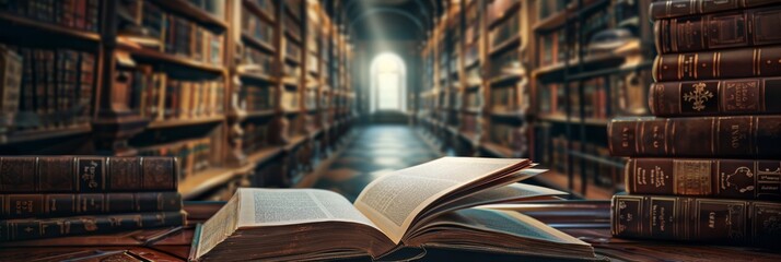 Immerse yourself in the warm ambiance of a vintage library adorned with open books. Embrace tranquil reading in a serene, traditional environment surrounded by ancient books and wisdom