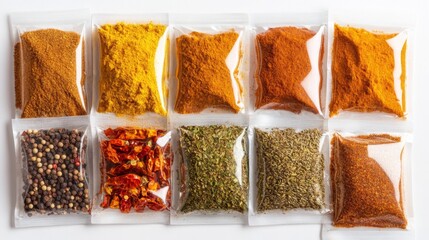 A high-resolution photo of spice sachets and packets, including curry and chili powder, spread out on a white background.