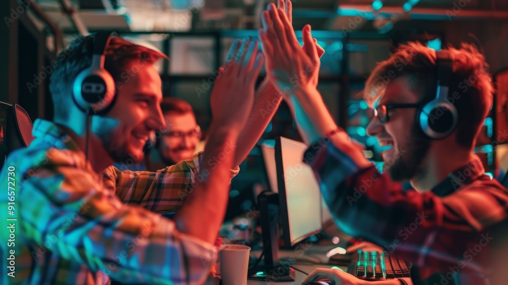 Poster A group of men are high fiving each other in a room with a computer monitor