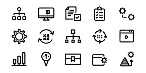 Generate a set of outline icons related to workflow and processing.