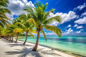 Fototapeta premium Swaying palm trees line pristine white sand beach against vibrant turquoise waters, showcasing idyllic tropical paradise on a Mauritius island.