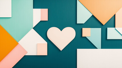 a vibrant geometric pattern is depicted. The background is a combination of cyan, white, green, and orange geometric shapes. The shapes are arranged in a grid-like pattern, with a mix of white, blue, 