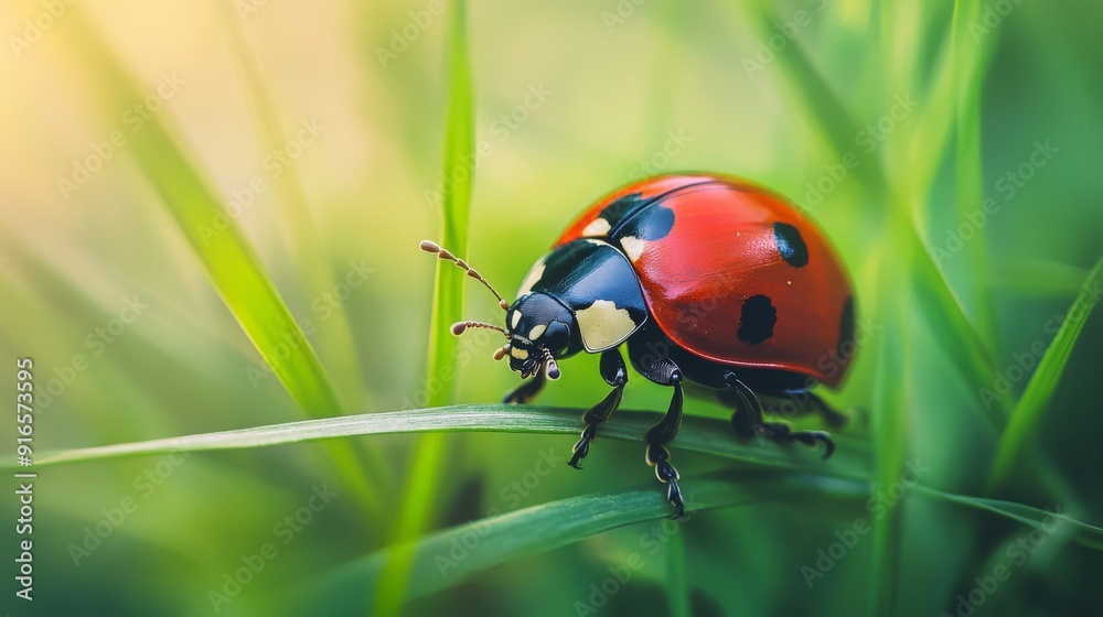 Poster A macro image of a ladybug on a blade of grass, highlighting its bright red shell and black spots.