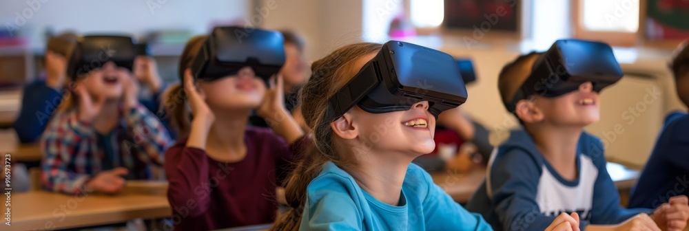 Aufkleber Students are actively participating in educational material using Virtual Reality technology within a classroom environment, integrating innovative ways to enhance learning experiences