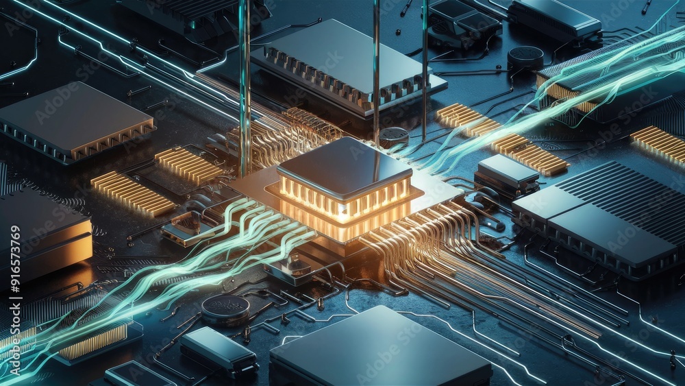 Poster 3d illustration of abstract computer hardware and software components
