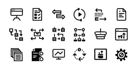 Set of outline icons related to workflow processing.