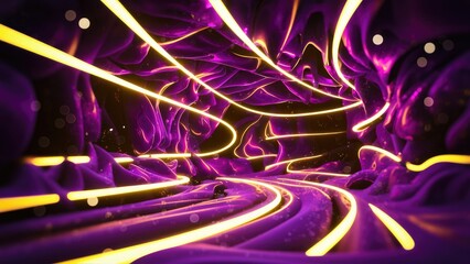 Obraz premium Vibrant abstract background featuring purple and yellow hues with glowing neon lines and bokeh effects