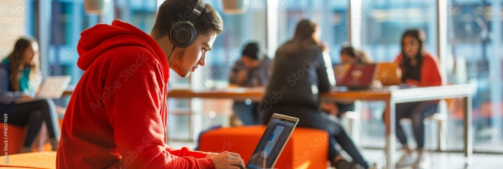 Aufkleber A group of students is engaged in serious academic study while collaborating in a university library. They are utilizing resources and technology, focusing on their educational pursuits