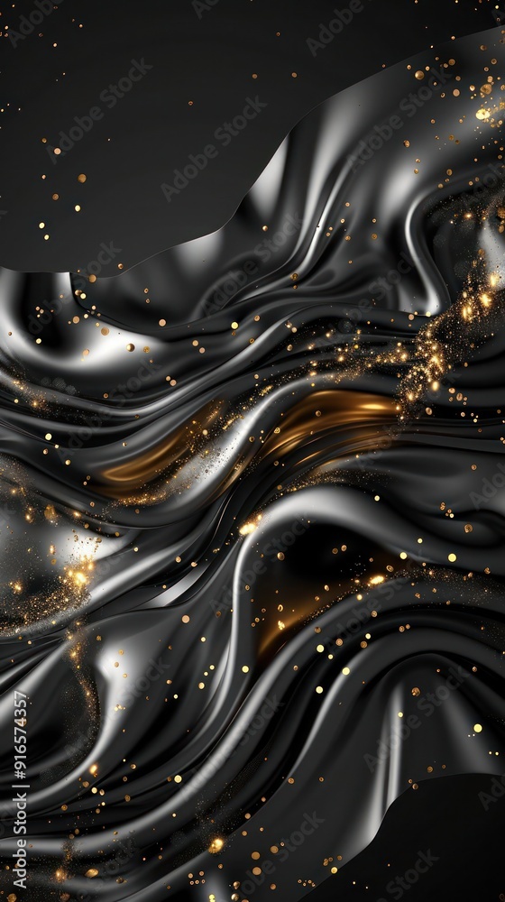 Aufkleber abstract background featuring flowing metallic blobs in deep black and grey, interspersed with shimm