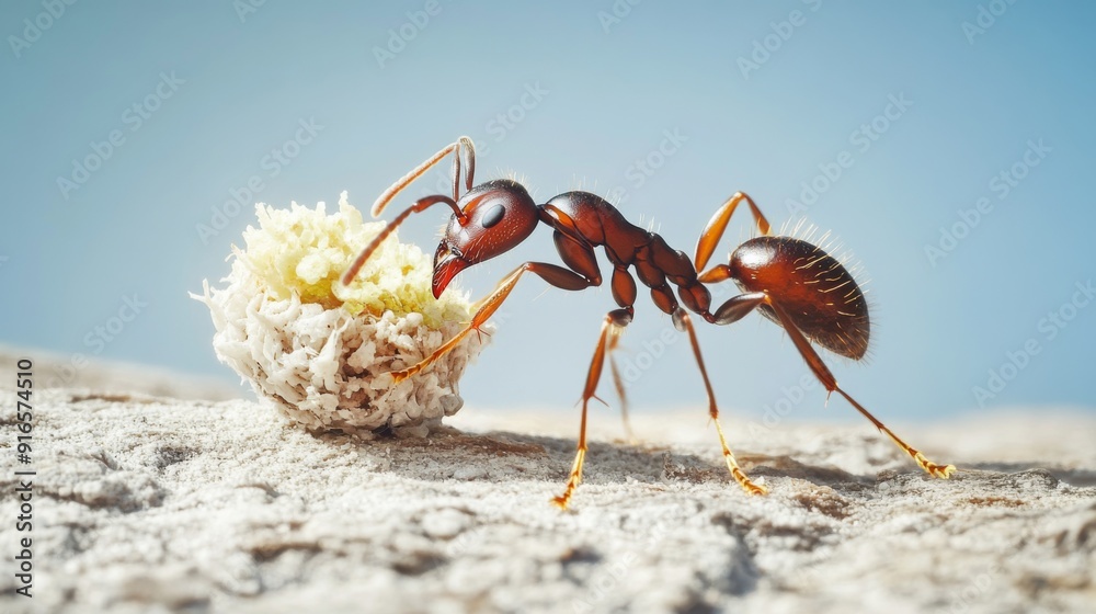 Poster a macro view of an ant carrying a piece of food back to its nest, showcasing its strength and determ