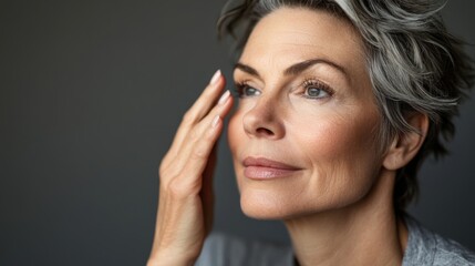 Fototapeta premium A mature woman applying moisturizer to her face, highlighting her smooth skin and graceful aging.