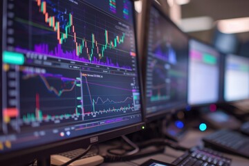 Obraz premium Dynamic Trading Hub, multiple computer screens display intricate financial graphs and charts, emphasizing real-time market analysis and strategic monitoring in a bustling office setting.