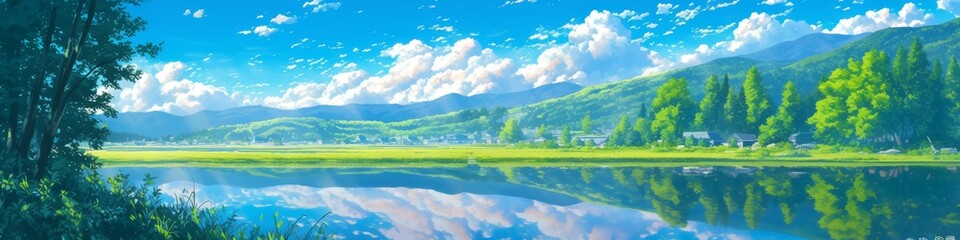 Enchanting Anime-Style Lakeside Dreamscape: Mesmerizing Cloud Reflections in Tranquil Waters. Magical Winter Scenery for Creative Marketing, 4K Wallpapers, and Whimsical Book Illustrations. Perfect fo