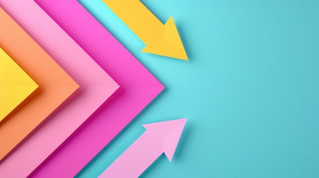 Paper arrows casting long diagonal shadows, vibrant colors contrasting against a textured surface, evoking a sense of movement and direction in a playful arrangement.