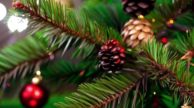 A green Christmas background with pine cones and red berries on the branches.