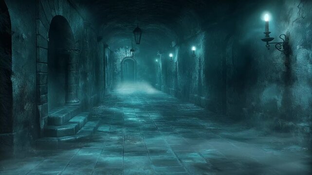 The corridor of scary old gothic architecture abandoned castle, dark concept, Halloween, motion animation video background