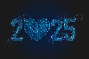 Abstract isolated blue image of new year number 2025. Polygonal low poly wireframe illustration looks like stars in the black night sky in space or flying glass shards. Digital web, internet design.