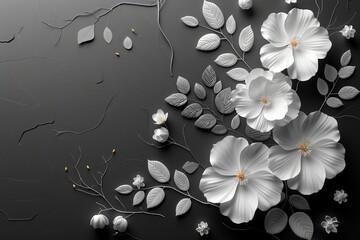 An elegant 3D floral wallpaper with a bunch of leaves and flowers against a black background, offering generous copy space for text