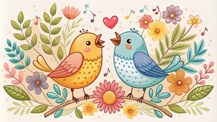 Adorable hand-drawn vector illustration of a loving bird couple singing a sweet melody, surrounded by flowers and leaves, perfect for romantic celebrations and decorations.