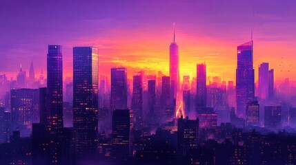 Fototapeta premium A panoramic view of a city skyline at twilight, with high-rise buildings against a backdrop of deepening purple and orange hues.