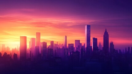 Fototapeta premium A panoramic view of a city skyline at twilight, with high-rise buildings against a backdrop of deepening purple and orange hues.