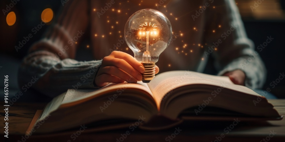 Aufkleber experiencing a moment of insight and creativity while studying with an open book, symbolizing innova