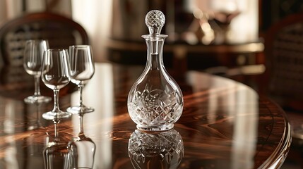 A luxurious crystal wine decanter sitting on a polished mahogany table, with a few elegant wine glasses