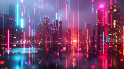A cityscape with neon lights and a reflection of the city in the water
