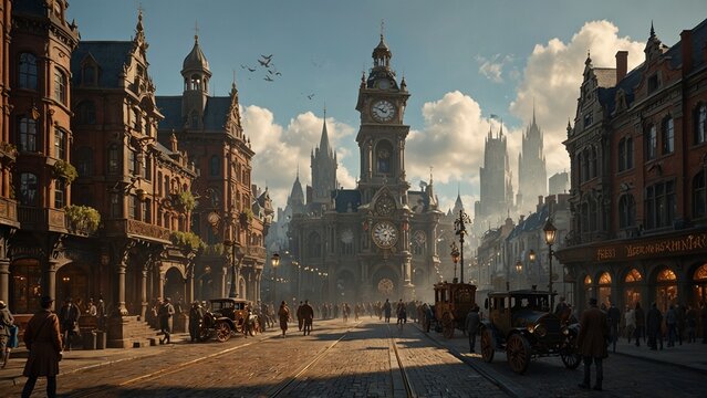 A steampunk city square with a huge, ornate clock tower in the center. The surrounding buildings are adorned with gears and pipes, and people in vintage attire stroll around the square.