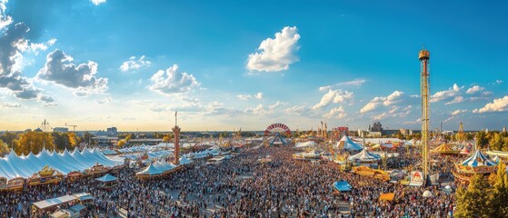 Panoramic view of Oktoberfest with sprawling tents