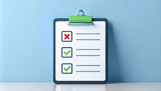 A checklist icon with ticks and crosses indicates tasks completed or pending, symbolizing project management, to-do lists, and organizational planning in a modern workspace.
