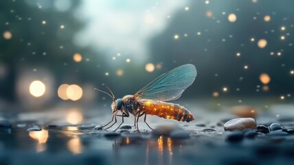 Close-up of a firefly with an ethereal, emerald green glow.