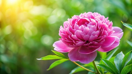 Fototapeta premium Pink peony flower with green leaves on background, pink, peony, flower, green, leaves,background, petal, delicate, beautiful