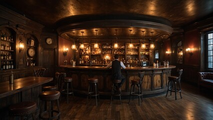 A steampunk bar with a wooden counter and gear-adorned walls. Patrons in vintage attire enjoy drinks by candlelight, creating a lively atmosphere.