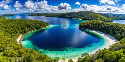 Bird's eye view of turquoise Lake McKenzie, surrounded by dense green forests and pristine white sand, on the picturesque Fraser Island, Queensland, Australia.